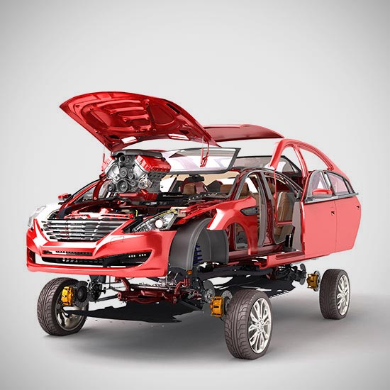Disparate Treatment by Manufacturers in Warranty Parts & Labor Rate Increase Evaluations; A disassembled red car with open hood and doors reveals interior components, engine, and chassis. The image showcases mechanical complexity and innovation.