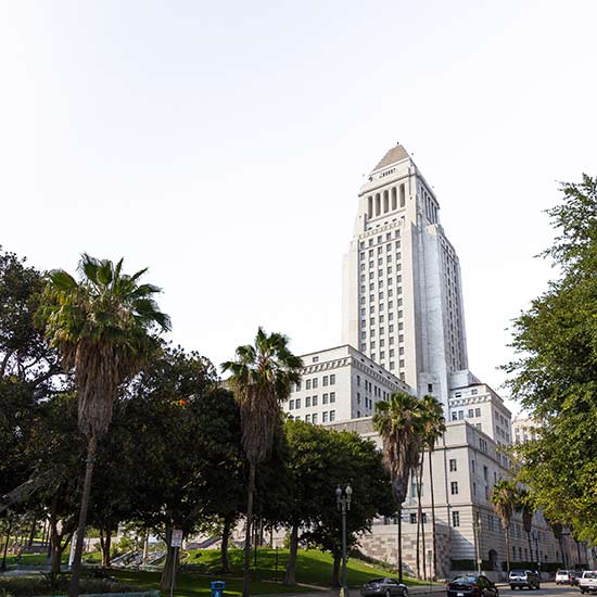 President’s Message: Engaging on All Fronts; Tall, white building with a tiered structure and ornate crown, surrounded by palm trees and greenery, set against a clear blue sky. Urban setting.