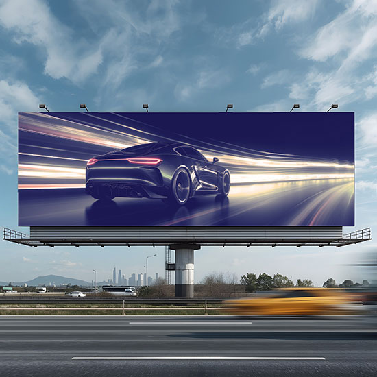Manning Leaver Legal Lane: Navigating the Fast Lane; A large billboard displays a sleek, futuristic car speeding on a highway with light trails, evoking a sense of motion. The sky is blue with thin clouds.