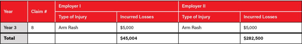 Table showing Year 3 injury claims for two employers. Both have claims for arm rash: $5,000 each. Total losses are $45,004 and $282,500 respectively.